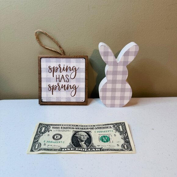 SPRING HAS SPRUNG small wood sign AND Easter Bunny springtime tiered tray decor - Picture 3 of 15
